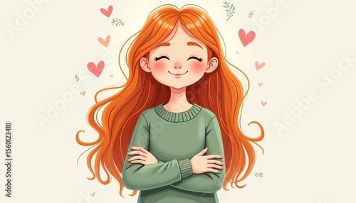 Cute animated woman with long red hair smiling with eyes closed. Happy girl full of affection, love, and serenity feelings for greeting card	

