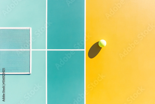 A minimalist flat lay features a pickleball court and equipment, set against a yellow background with a soothing light blue color palette