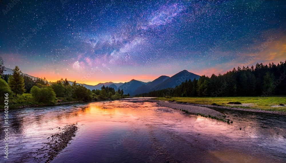 Fototapeta premium magical river sunset landscape with mountains forest and starry sky generative ai