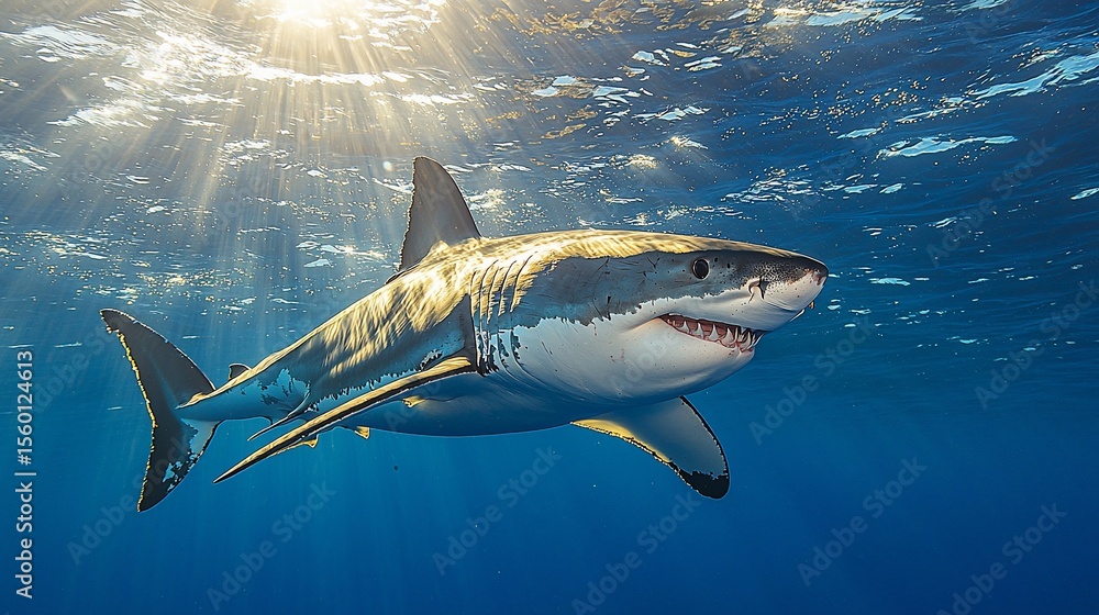 Fototapeta premium Great white shark in ocean depths. Sunlight beams through water