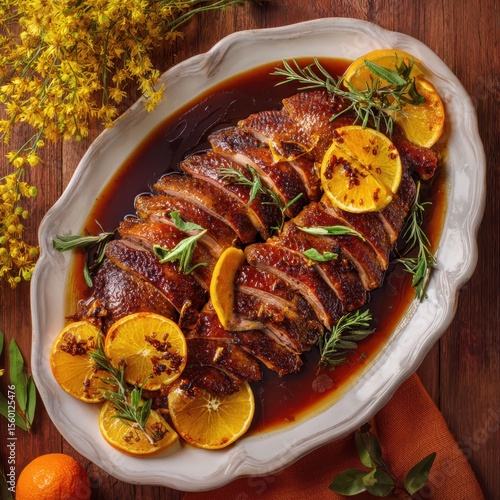 Traditional duck à l’orange with reduced sauce and grilled orange slices