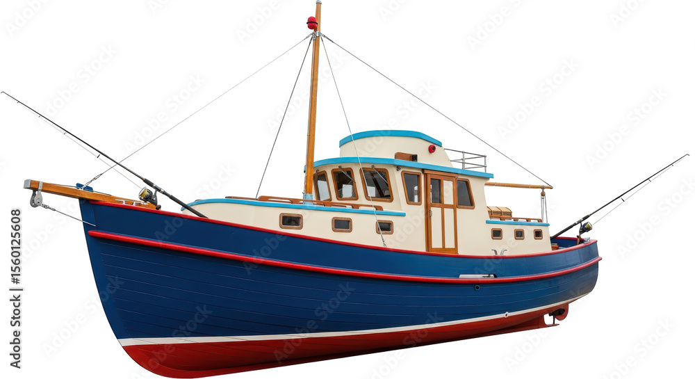 Isolated Fishing Boat with Fishing Rods Isolated Fishing Boat with Fishing Rods