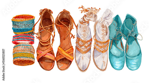 Watercolor illustration of colorful ethnic sandals and woven bangles, showcasing boho-inspired fashion accessories with bright and textured designs.

