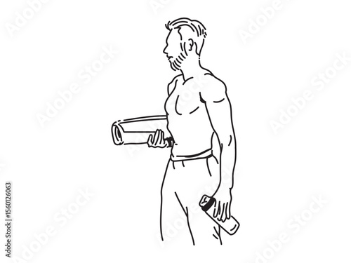 Sportsman Training, Exercise, Drinking Water, Line Art Vector Illustration