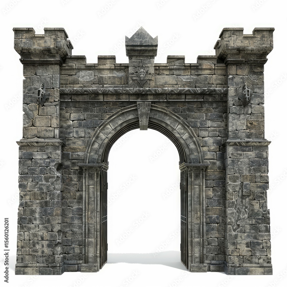 Obraz premium Ancient stone castle gate with an archway is leading into the fortress, promising safety and security