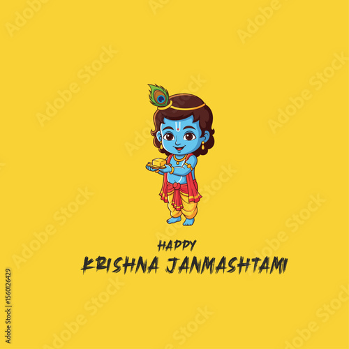 Happy Krishna Janmashtam digital drawing of a cute baby Krishna with dark skin and curly hair, wearing a yellow dhoti and a blue upper garment, holding a butter ball, with a peacock inidan festival