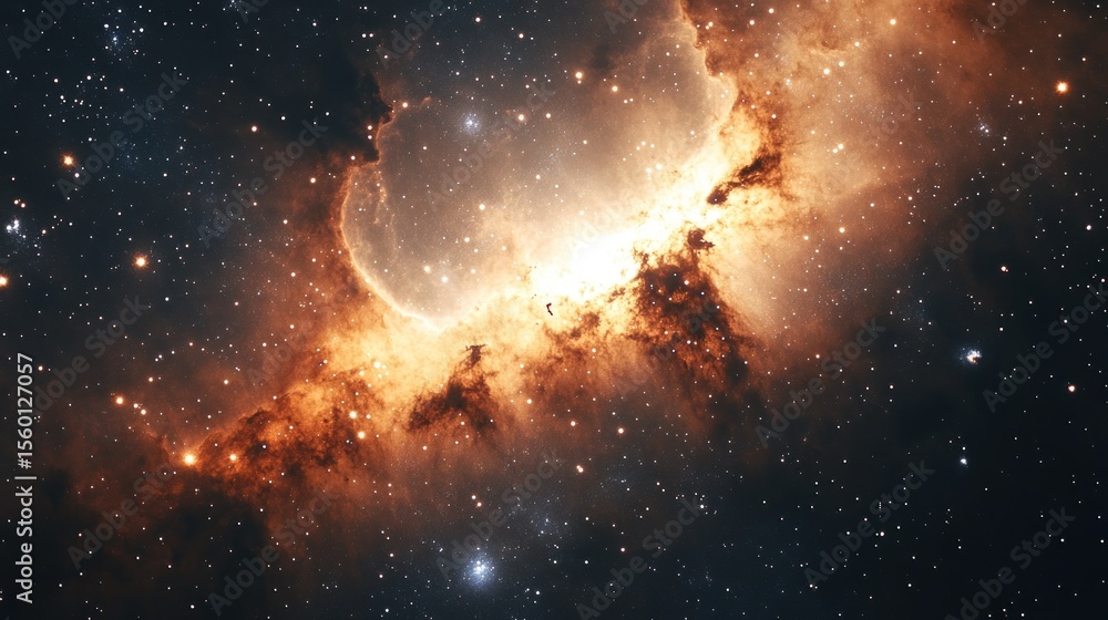 Fototapeta premium Cosmic Nebula Fiery clouds in space, background stars. Science, education