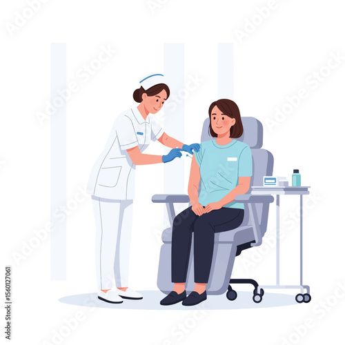 A nurse administering a vaccine injection to a patient seated in a medical chair.