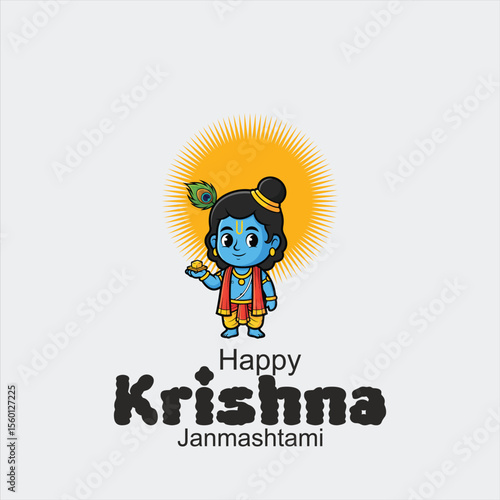 Happy Krishna Janmashtam digital drawing of a cute baby Krishna with dark skin and curly hair, wearing a yellow dhoti and a blue upper garment, holding a butter ball, with a peacock inidan festival