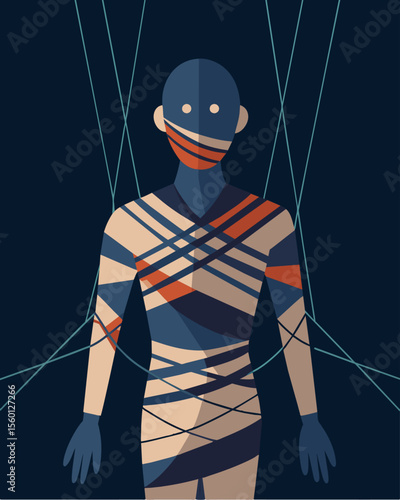 A person with a puppets strings woven into their skin a symbol of their helplessness and captivity.. Vector illustration
