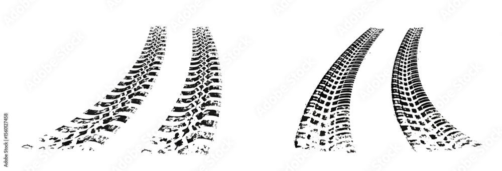 Fototapeta premium Traces of car, motorcycle tread. Curved realistic traces of tires of wheels from different types of tread vector png. Car wheels on disks. 