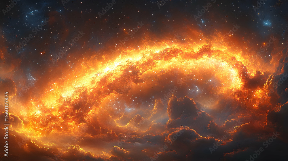 Fototapeta premium Fiery celestial cloudscape glows with orange and yellow hues against a dark blue, starry sky in a mesmerizing display
