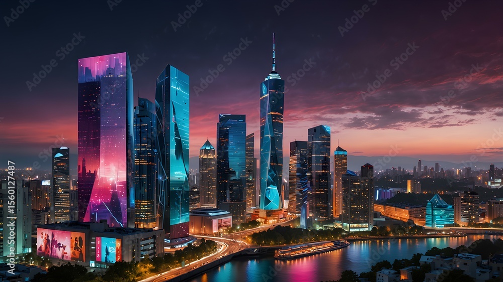 Fototapeta premium A vibrant city skyline with holographic billboards and futuristic architecture