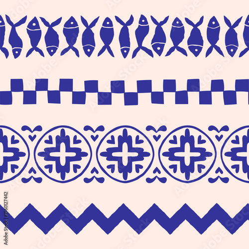Sea side seamless border set. Cute hand-drawn vector sardines, checkers, tiles, chevron. Grungy geometric ornaments with retro beach vibes. Perfect for postcards, posters, prints, and decoration.