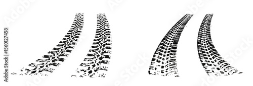 Traces of car, motorcycle tread. Curved realistic traces of tires of wheels from different types of tread vector png. Car wheels on disks.	
