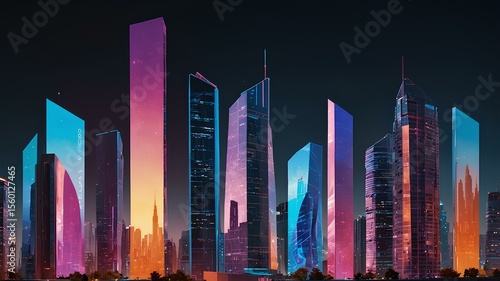 A vibrant city skyline with holographic billboards and futuristic architecture 