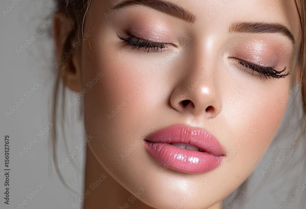 A close-up portrait of an attractive woman with closed eyes and natural makeup, showcasing her flawless skin against a gray background A close-up portrait of an attractive woman with closed eyes and natural makeup, showcasing her flawless skin against a gray background