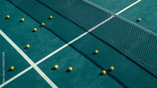 Tennis balls scattered on blue tennis court with net casting shadows under bright sunlight, showing vibrant contrast and geometric lines.
