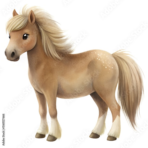 Cute cartoon illustration of a standing pony with blonde mane and tail on white background