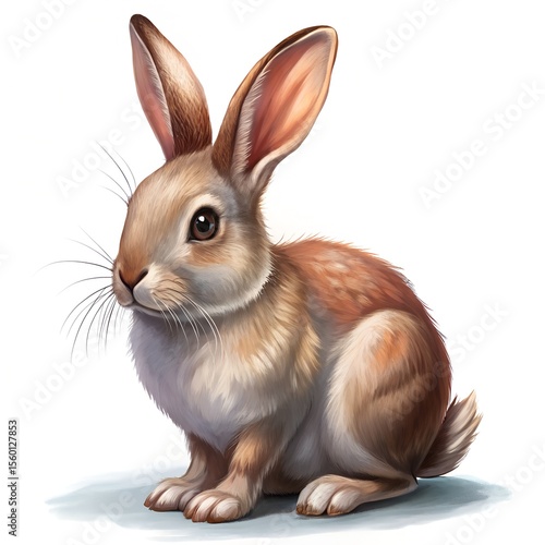 Adorable realistic brown and white rabbit sitting comfortably with detailed fur texture
