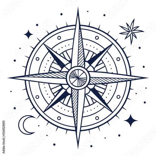 Monoline Hand Drawing Minimalist compass rose design with stars and celestial elements, evoking sense of direction