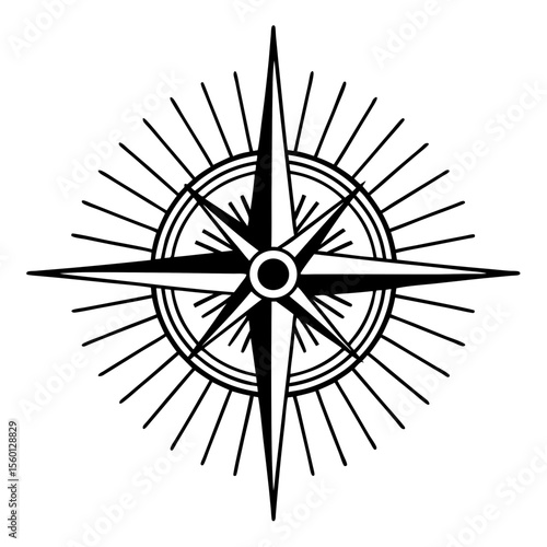 Monoline Hand Drawing Minimalist spiritual compass rose with cardinal directions, symbolizing guidance and direction