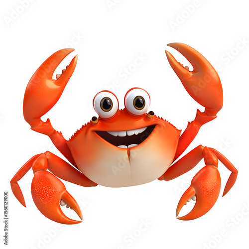 High resolution 3D render showcasing A cheerful 3d cartoon crab with bright red shell, large friendly eyes, and raised claws. Dynamic perspective angle ideal for product mockups.