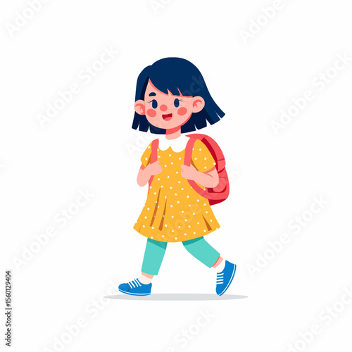 A cartoon girl with a backpack walking forward wearing a yellow dress on white background 