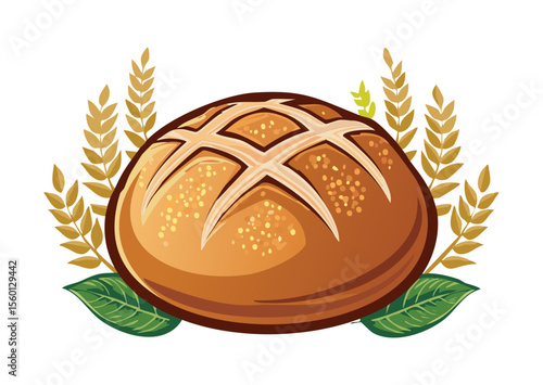 Artisanal Round Bread with Wheat Harvest - Vector Illustration