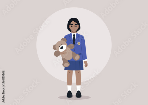 A young girl dressed in a classic school uniform stands confidently, holding a cute teddy bear close, Her attire and the soft expression on her face evoke feelings of nostalgia and warmth