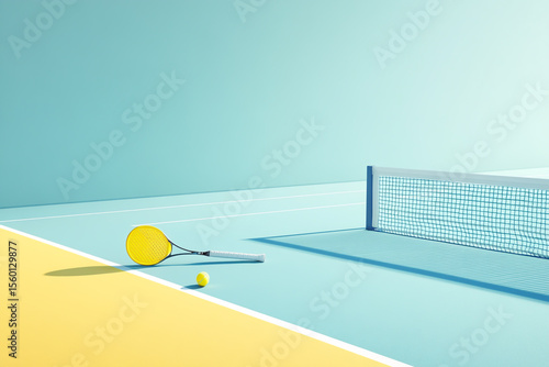 A minimalist illustration showcases pickleball equipment on the court, featuring a pastel color palette with light blue and yellow backgrounds, while leaving ample copy space for text.