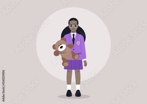 A young girl dressed in a classic school uniform stands confidently, holding a cute teddy bear close, Her attire and the soft expression on her face evoke feelings of nostalgia and warmth