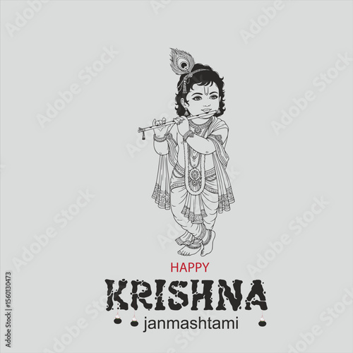 Happy Krishna Janmashtam digital drawing of a cute baby Krishna with dark skin and curly hair, wearing a yellow dhoti and a blue upper garment, holding a butter ball, with a peacock inidan festival