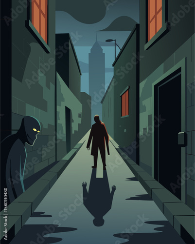A faint whisper echoes through a desolate alleyway as a shadowy figure creeps closer to its unsuspecting victim.. Vector illustration