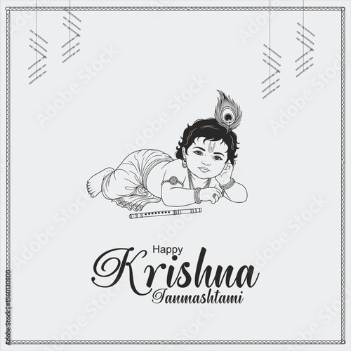Happy Krishna Janmashtam digital drawing of a cute baby Krishna with dark skin and curly hair, wearing a yellow dhoti and a blue upper garment, holding a butter ball, with a peacock inidan festival