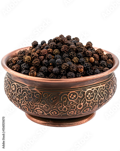 Black peppercorns in ornate copper bowl spice cooking ingredient