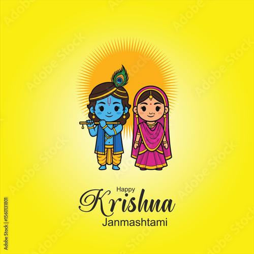 Happy Krishna Janmashtam digital drawing of a cute baby Krishna with dark skin and curly hair, wearing a yellow dhoti and a blue upper garment, holding a butter ball, with a peacock inidan festival