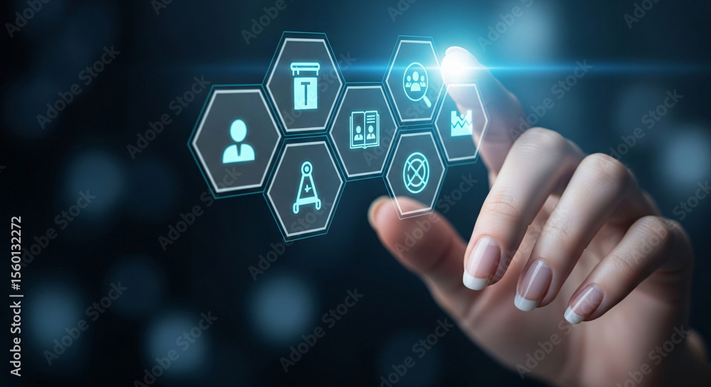 Hand interacting with glowing hexagon icons on a dark background with technology interface element Hand interacting with glowing hexagon icons on a dark background with technology interface element