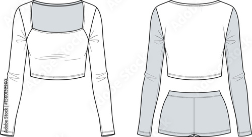 Women's activewear two-piece flat sketch, CAD fashion technical drawing, long sleeve crop top with shorts, vector apparel design illustration