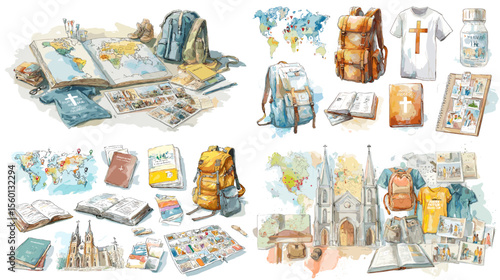 Watercolor illustrations of Christian mission trip items including backpacks, maps, crosses, cathedrals, passports, and spiritual journals.


