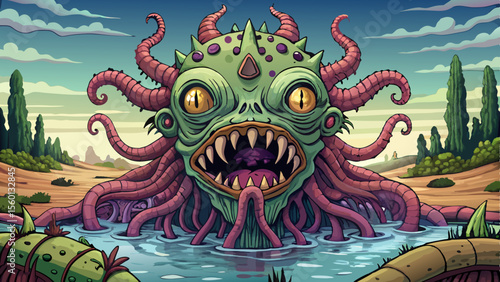 haunted swamp covered in thick fog cartoon vector, where eerie echoes reveal hidden tentacled beasts lurking beneath the murky waters in the shadows