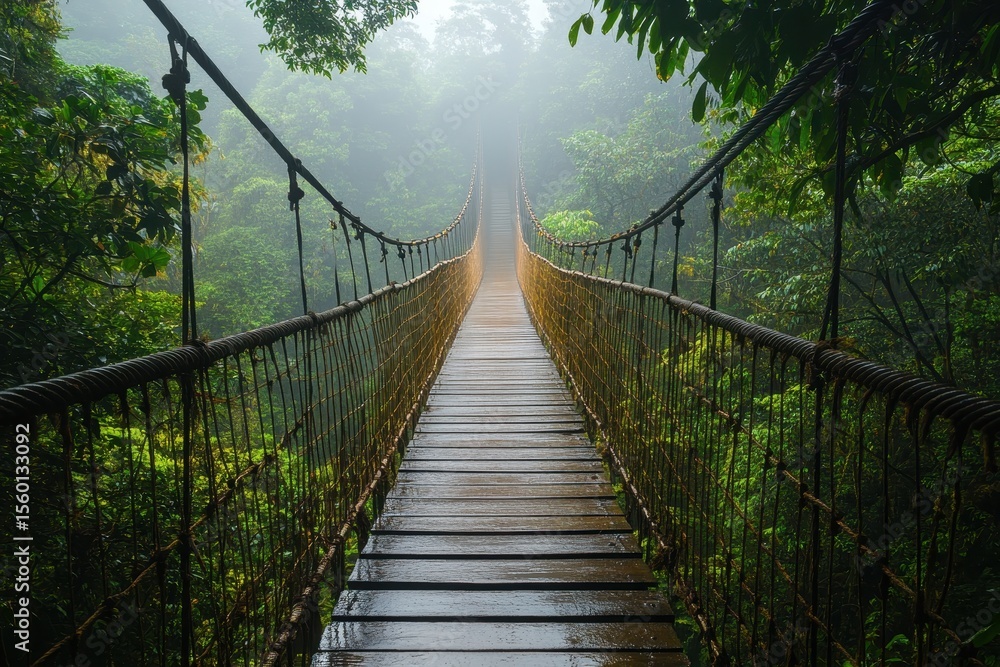 Obraz premium Suspension bridge disappearing into the misty, lush green rainforest canopy. Evokes travel, adventure, overcoming challenges, and exploring nature.