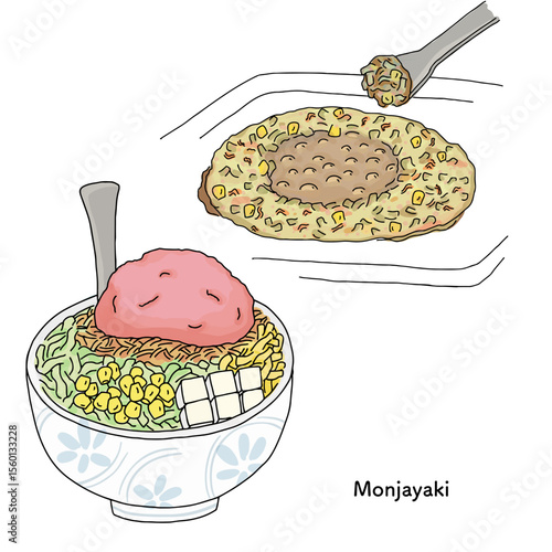 東京＿もんじゃ焼き　線画のイラスト