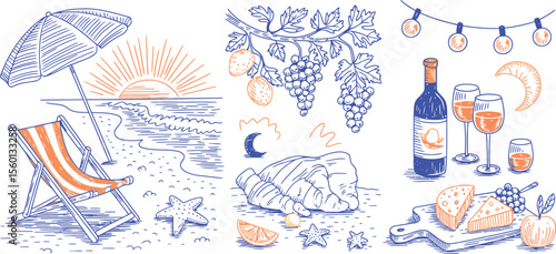 Summer vacation beach picnic wine cheese grapes relaxation drawing vector illustration background art design