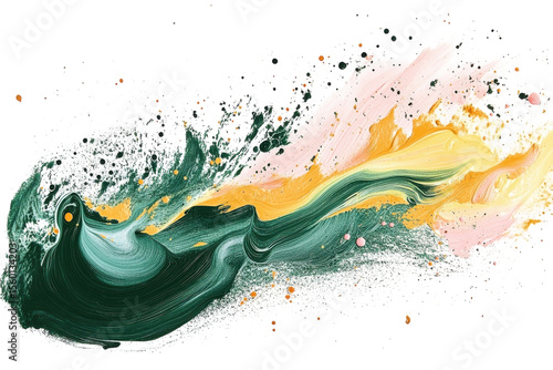 Abstract green and gold paint splash wave with splatter on white