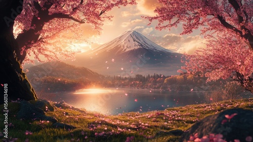 Scenic view of mount fuji with cherry blossoms and lake at sunset creating a serene atmosphere