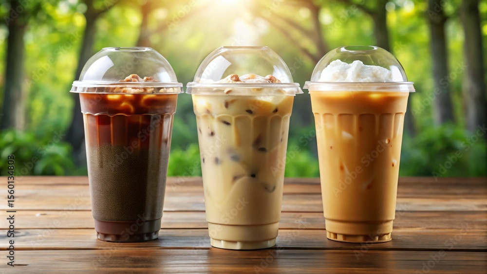 Three refreshing iced coffee drinks on a wooden table outdoors Three refreshing iced coffee drinks on a wooden table outdoors