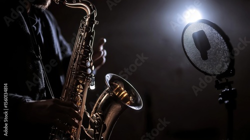 A musician playing a saxophone in a dark room with a microphone and a bright light behind it