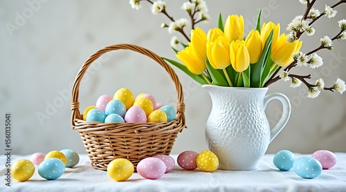 Easter eggs in a basket with yellow tulips and white flowers image