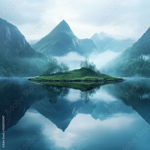 A serene lake reflecting mountains and a small island under a misty sky in a peaceful landscape